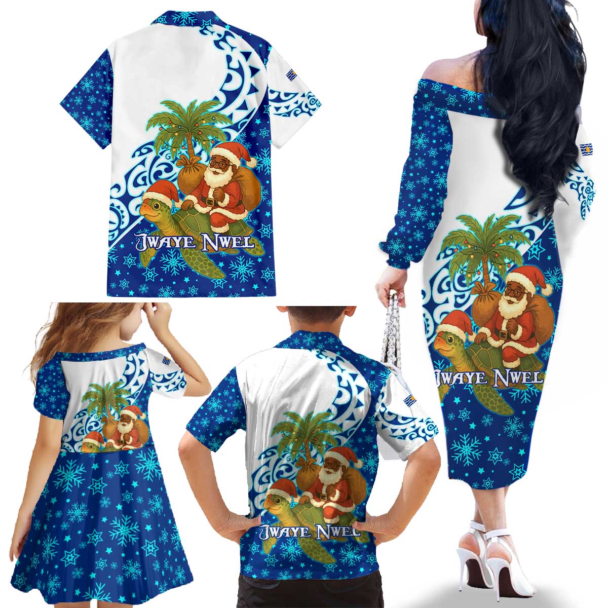 West Indies Christmas Family Matching Off The Shoulder Long Sleeve Dress and Hawaiian Shirt with Santa Riding Turtle Palm Tree and Tribal Snowflake Design - Wonder Print Shop