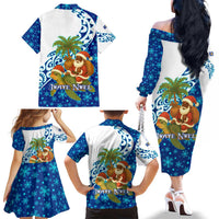 West Indies Christmas Family Matching Off The Shoulder Long Sleeve Dress and Hawaiian Shirt with Santa Riding Turtle Palm Tree and Tribal Snowflake Design - Wonder Print Shop