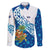 West Indies Christmas Family Matching Off The Shoulder Long Sleeve Dress and Hawaiian Shirt with Santa Riding Turtle Palm Tree and Tribal Snowflake Design - Wonder Print Shop