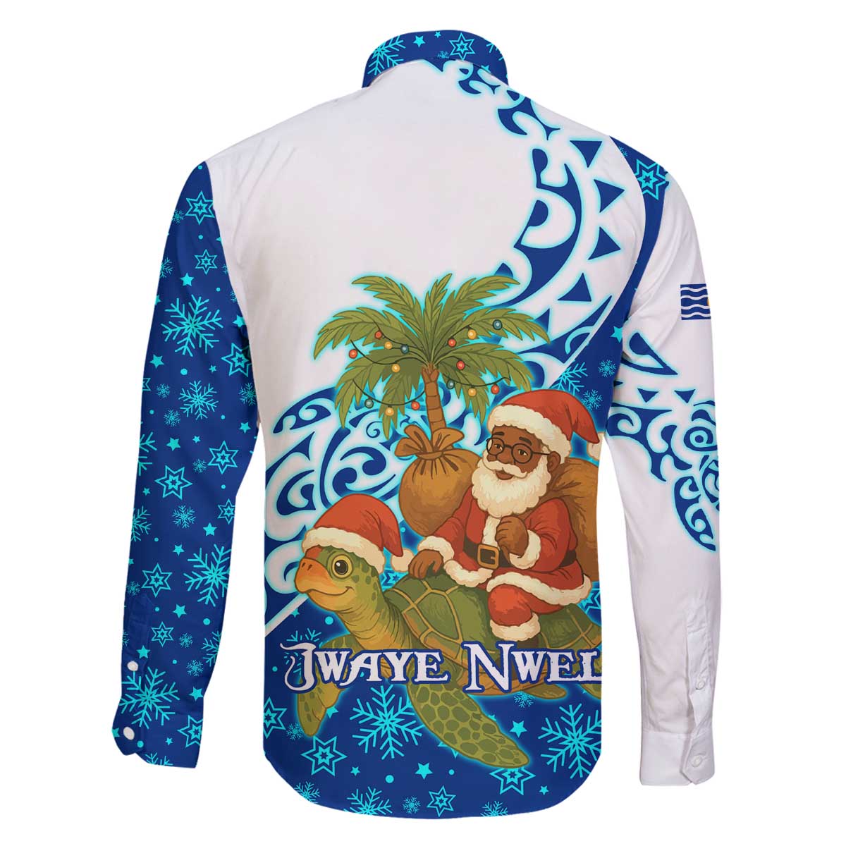 West Indies Christmas Family Matching Off The Shoulder Long Sleeve Dress and Hawaiian Shirt with Santa Riding Turtle Palm Tree and Tribal Snowflake Design - Wonder Print Shop