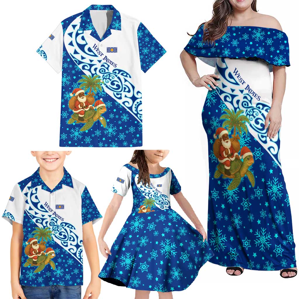 West Indies Christmas Family Matching Off Shoulder Maxi Dress and Hawaiian Shirt with Santa Riding Turtle Palm Tree and Tribal Snowflake Design - Wonder Print Shop