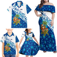 West Indies Christmas Family Matching Off Shoulder Maxi Dress and Hawaiian Shirt with Santa Riding Turtle Palm Tree and Tribal Snowflake Design - Wonder Print Shop