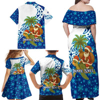 West Indies Christmas Family Matching Off Shoulder Maxi Dress and Hawaiian Shirt with Santa Riding Turtle Palm Tree and Tribal Snowflake Design - Wonder Print Shop