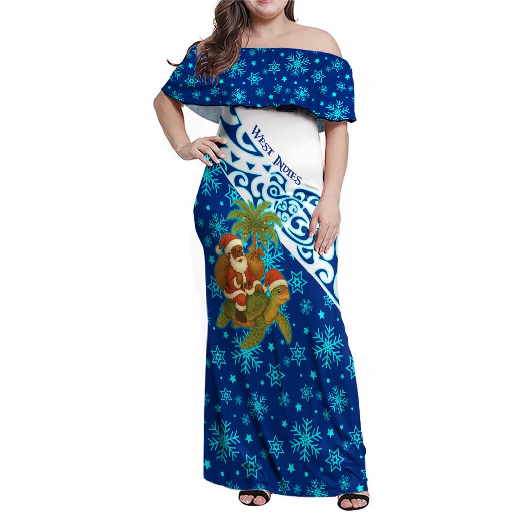 West Indies Christmas Family Matching Off Shoulder Maxi Dress and Hawaiian Shirt with Santa Riding Turtle Palm Tree and Tribal Snowflake Design - Wonder Print Shop