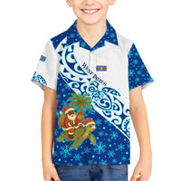 West Indies Christmas Family Matching Off Shoulder Maxi Dress and Hawaiian Shirt with Santa Riding Turtle Palm Tree and Tribal Snowflake Design - Wonder Print Shop