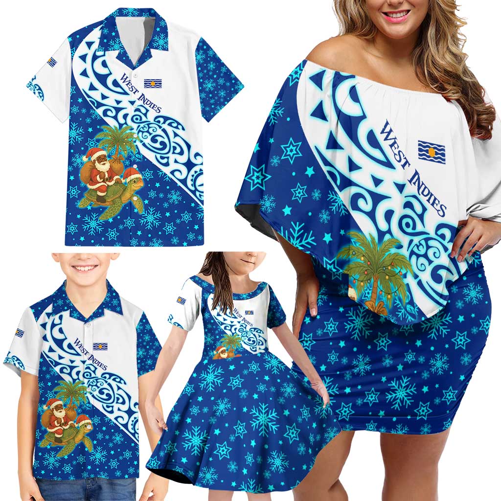 West Indies Christmas Family Matching Off Shoulder Short Dress and Hawaiian Shirt with Santa Riding Turtle Palm Tree and Tribal Snowflake Design - Wonder Print Shop