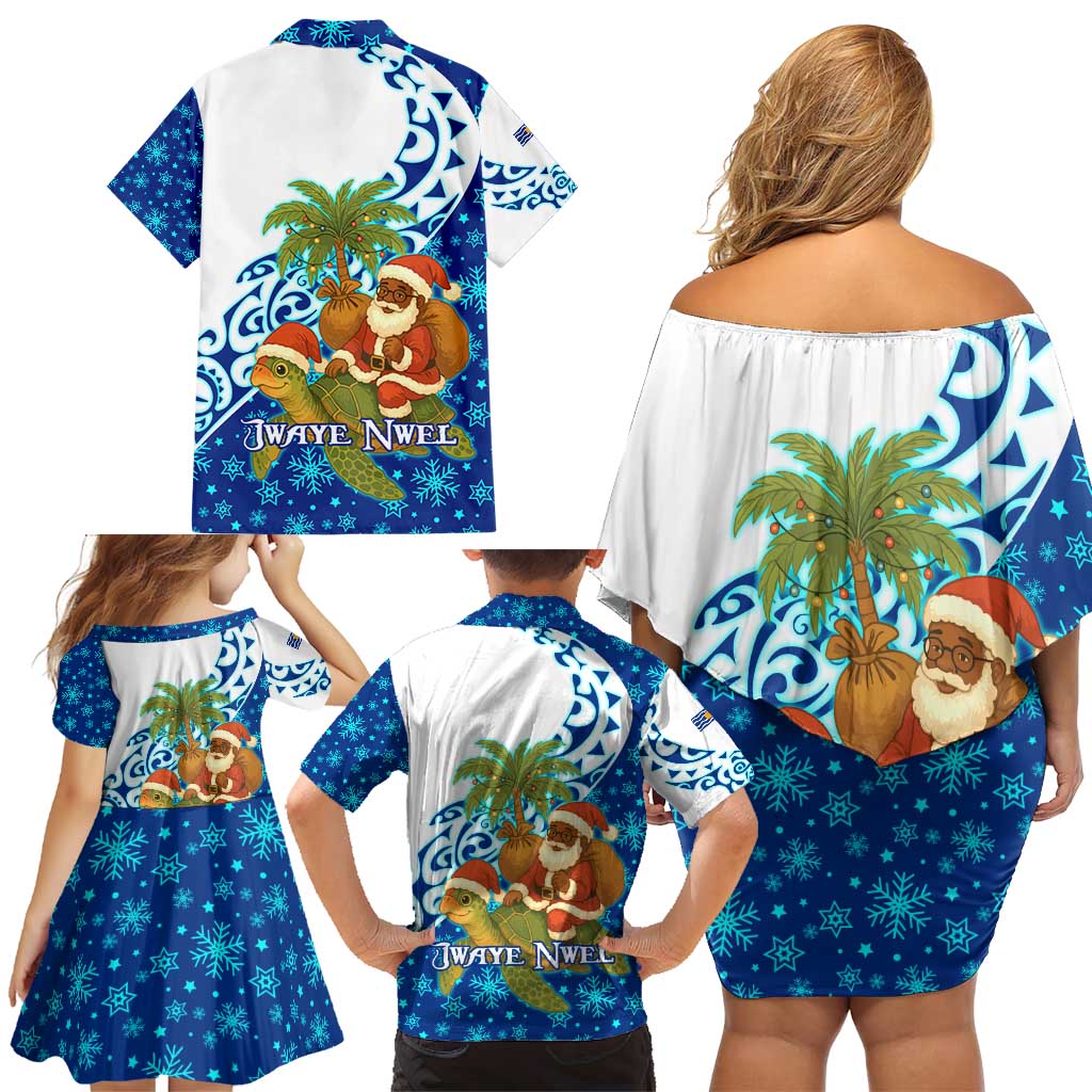West Indies Christmas Family Matching Off Shoulder Short Dress and Hawaiian Shirt with Santa Riding Turtle Palm Tree and Tribal Snowflake Design - Wonder Print Shop
