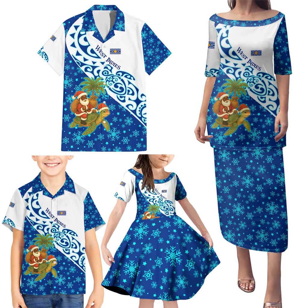 West Indies Christmas Family Matching Puletasi and Hawaiian Shirt with Santa Riding Turtle Palm Tree and Tribal Snowflake Design - Wonder Print Shop