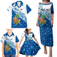 West Indies Christmas Family Matching Puletasi and Hawaiian Shirt with Santa Riding Turtle Palm Tree and Tribal Snowflake Design - Wonder Print Shop