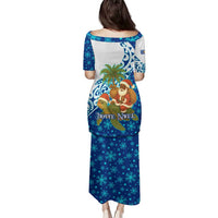 West Indies Christmas Family Matching Puletasi and Hawaiian Shirt with Santa Riding Turtle Palm Tree and Tribal Snowflake Design - Wonder Print Shop