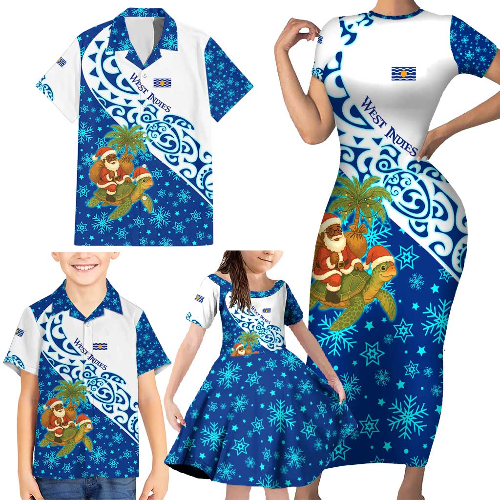 West Indies Christmas Family Matching Short Sleeve Bodycon Dress and Hawaiian Shirt with Santa Riding Turtle Palm Tree and Tribal Snowflake Design - Wonder Print Shop