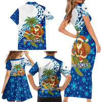 West Indies Christmas Family Matching Short Sleeve Bodycon Dress and Hawaiian Shirt with Santa Riding Turtle Palm Tree and Tribal Snowflake Design - Wonder Print Shop