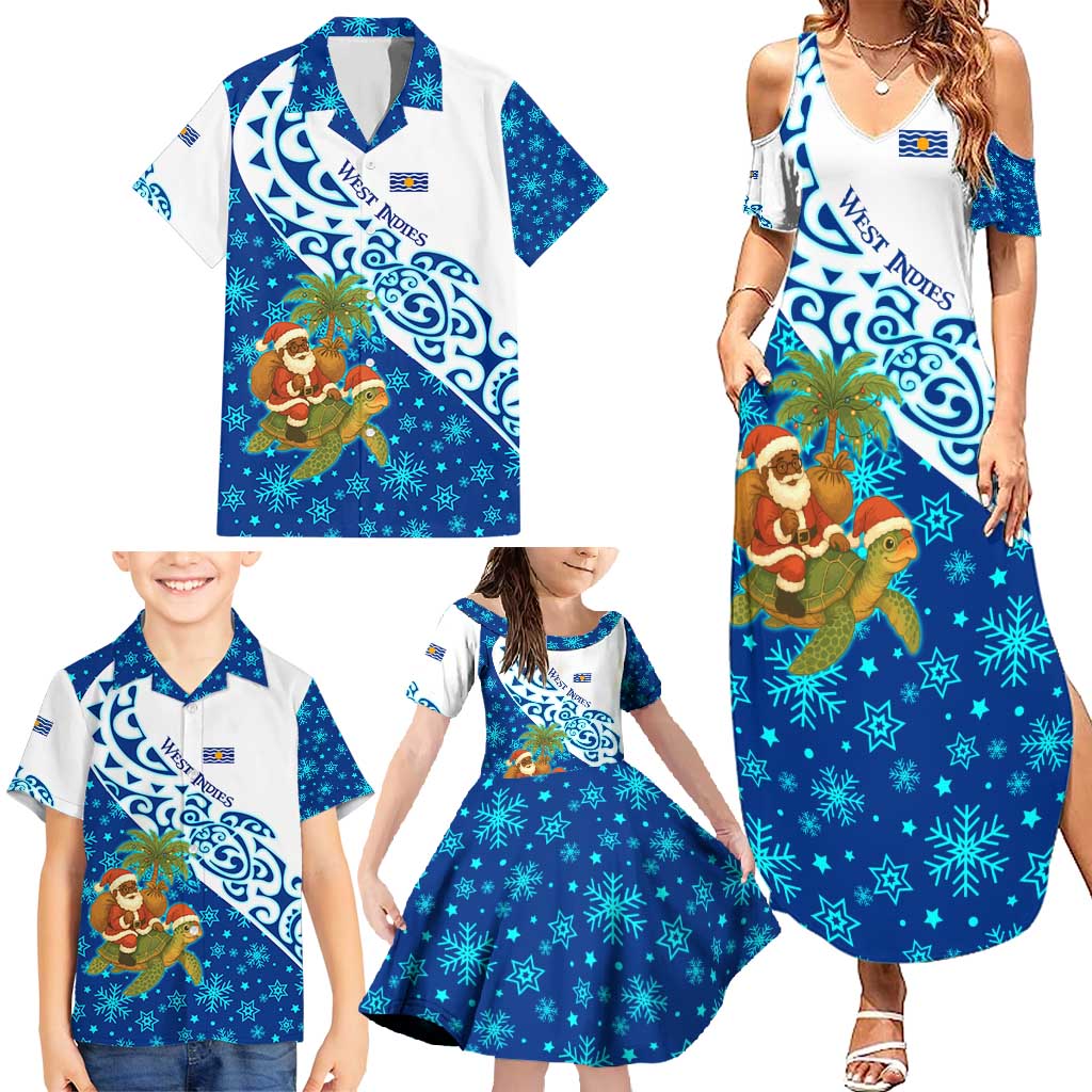 West Indies Christmas Family Matching Summer Maxi Dress and Hawaiian Shirt with Santa Riding Turtle Palm Tree and Tribal Snowflake Design - Wonder Print Shop