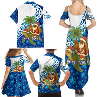 West Indies Christmas Family Matching Summer Maxi Dress and Hawaiian Shirt with Santa Riding Turtle Palm Tree and Tribal Snowflake Design - Wonder Print Shop
