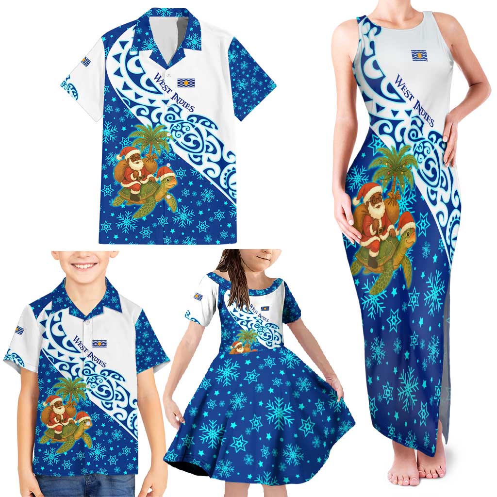 West Indies Christmas Family Matching Tank Maxi Dress and Hawaiian Shirt with Santa Riding Turtle Palm Tree and Tribal Snowflake Design - Wonder Print Shop