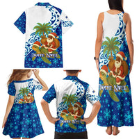 West Indies Christmas Family Matching Tank Maxi Dress and Hawaiian Shirt with Santa Riding Turtle Palm Tree and Tribal Snowflake Design - Wonder Print Shop