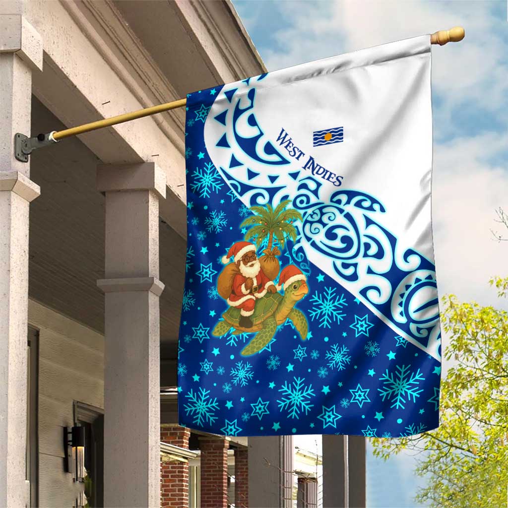 West Indies Christmas Garden Flag with Santa Riding Turtle Palm Tree and Tribal Snowflake Design - Wonder Print Shop