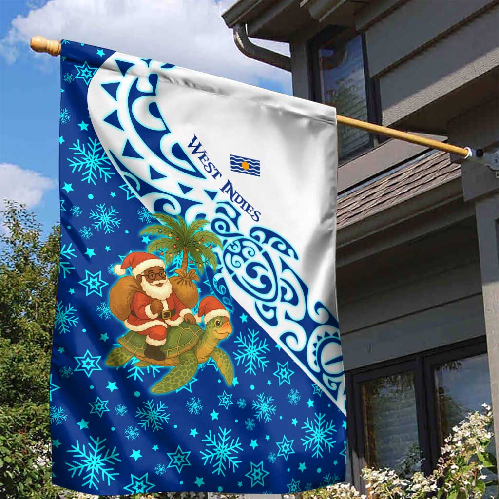 West Indies Christmas Garden Flag with Santa Riding Turtle Palm Tree and Tribal Snowflake Design - Wonder Print Shop
