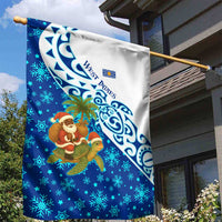 West Indies Christmas Garden Flag with Santa Riding Turtle Palm Tree and Tribal Snowflake Design - Wonder Print Shop