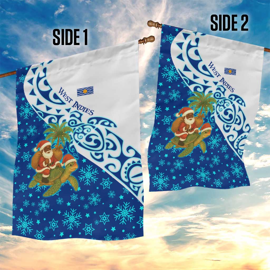 West Indies Christmas Garden Flag with Santa Riding Turtle Palm Tree and Tribal Snowflake Design - Wonder Print Shop