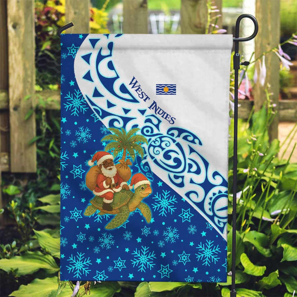 West Indies Christmas Garden Flag with Santa Riding Turtle Palm Tree and Tribal Snowflake Design - Wonder Print Shop