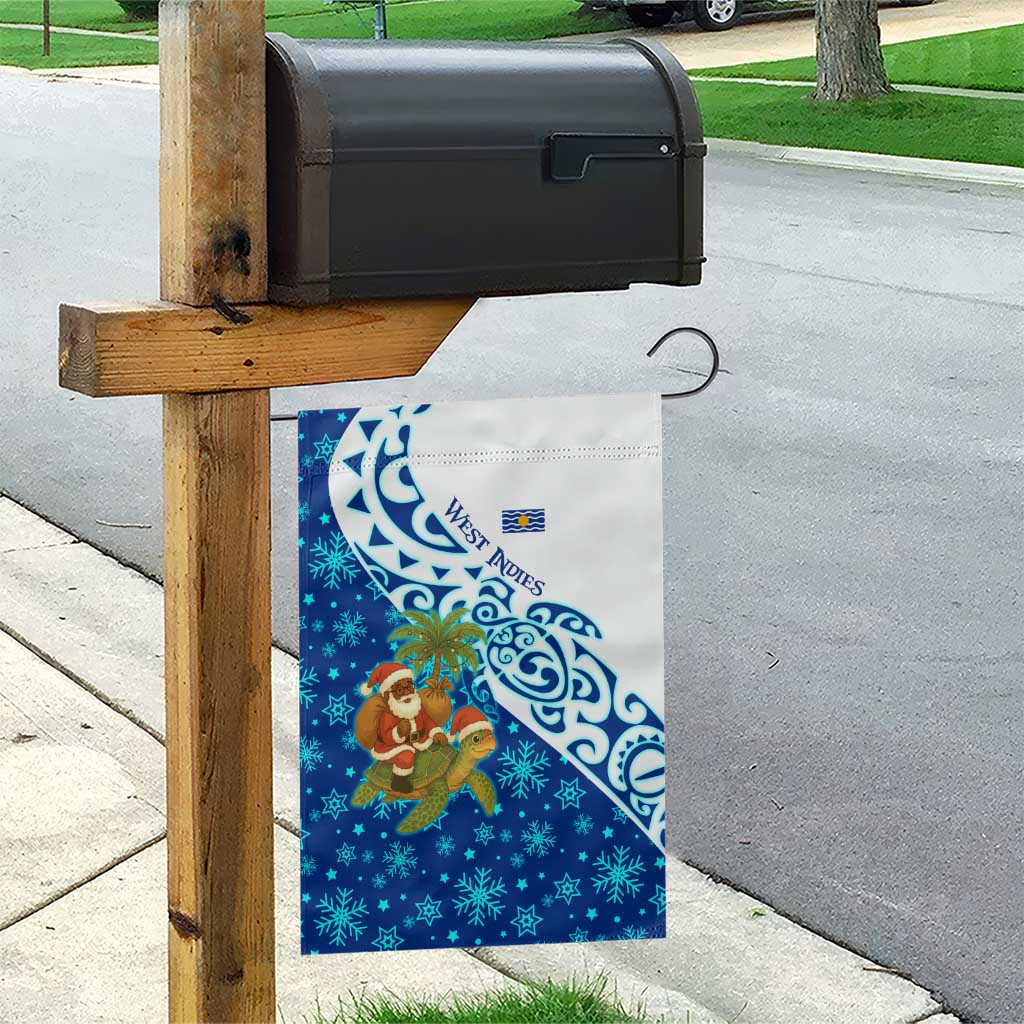 West Indies Christmas Garden Flag with Santa Riding Turtle Palm Tree and Tribal Snowflake Design - Wonder Print Shop