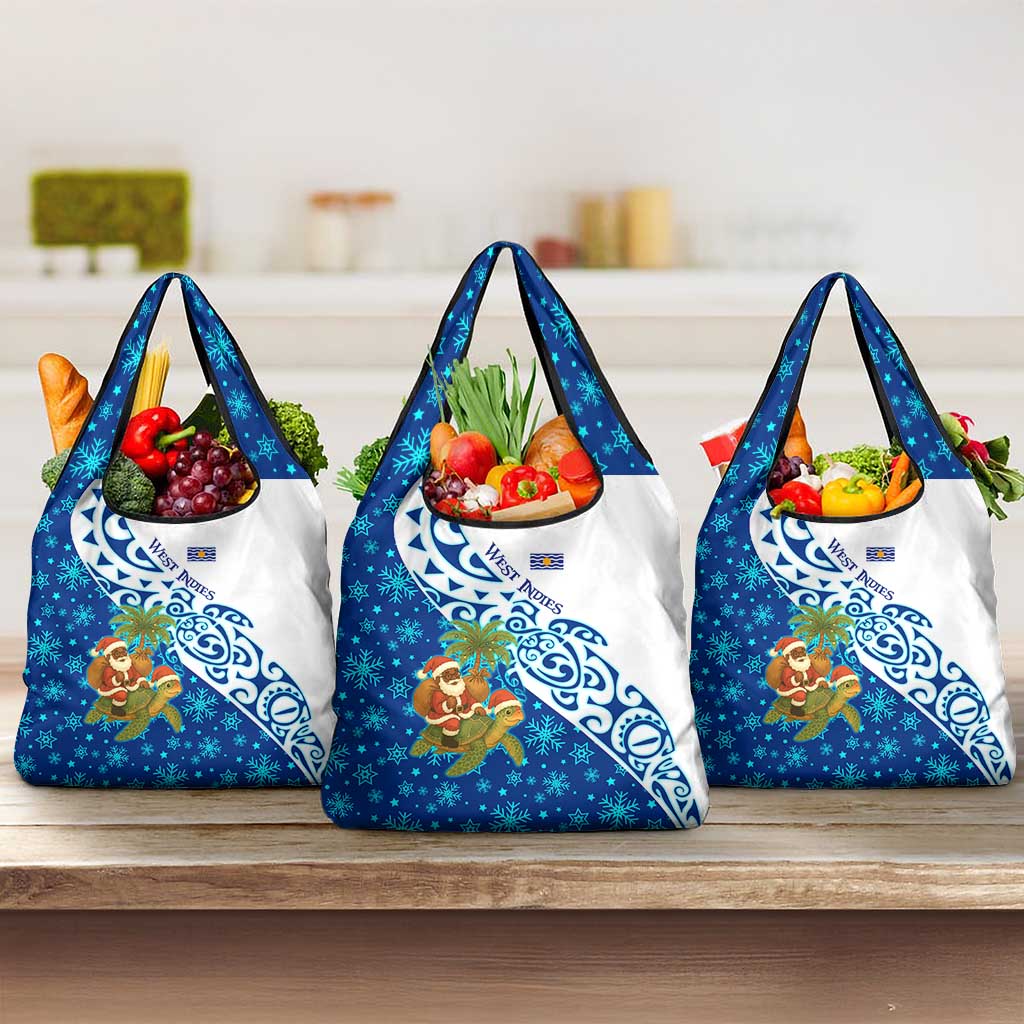 West Indies Christmas Grocery Bag with Santa Riding Turtle Palm Tree and Tribal Snowflake Design - Wonder Print Shop