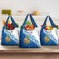 West Indies Christmas Grocery Bag with Santa Riding Turtle Palm Tree and Tribal Snowflake Design - Wonder Print Shop