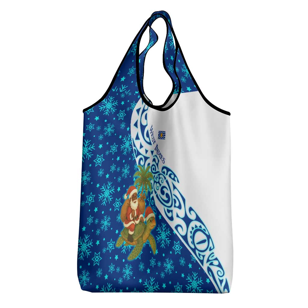 West Indies Christmas Grocery Bag with Santa Riding Turtle Palm Tree and Tribal Snowflake Design - Wonder Print Shop