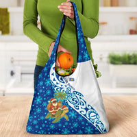 West Indies Christmas Grocery Bag with Santa Riding Turtle Palm Tree and Tribal Snowflake Design - Wonder Print Shop