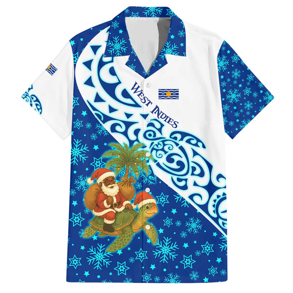 West Indies Christmas Hawaiian Shirt with Santa Riding Turtle Palm Tree and Tribal Snowflake Design - Wonder Print Shop