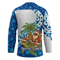 West Indies Christmas Hockey Jersey with Santa Riding Turtle Palm Tree and Tribal Snowflake Design - Wonder Print Shop