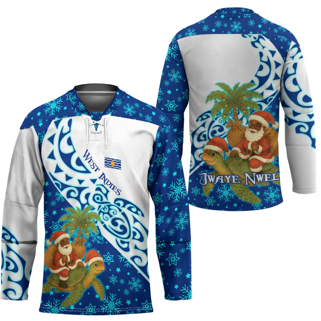 West Indies Christmas Hockey Jersey with Santa Riding Turtle Palm Tree and Tribal Snowflake Design - Wonder Print Shop