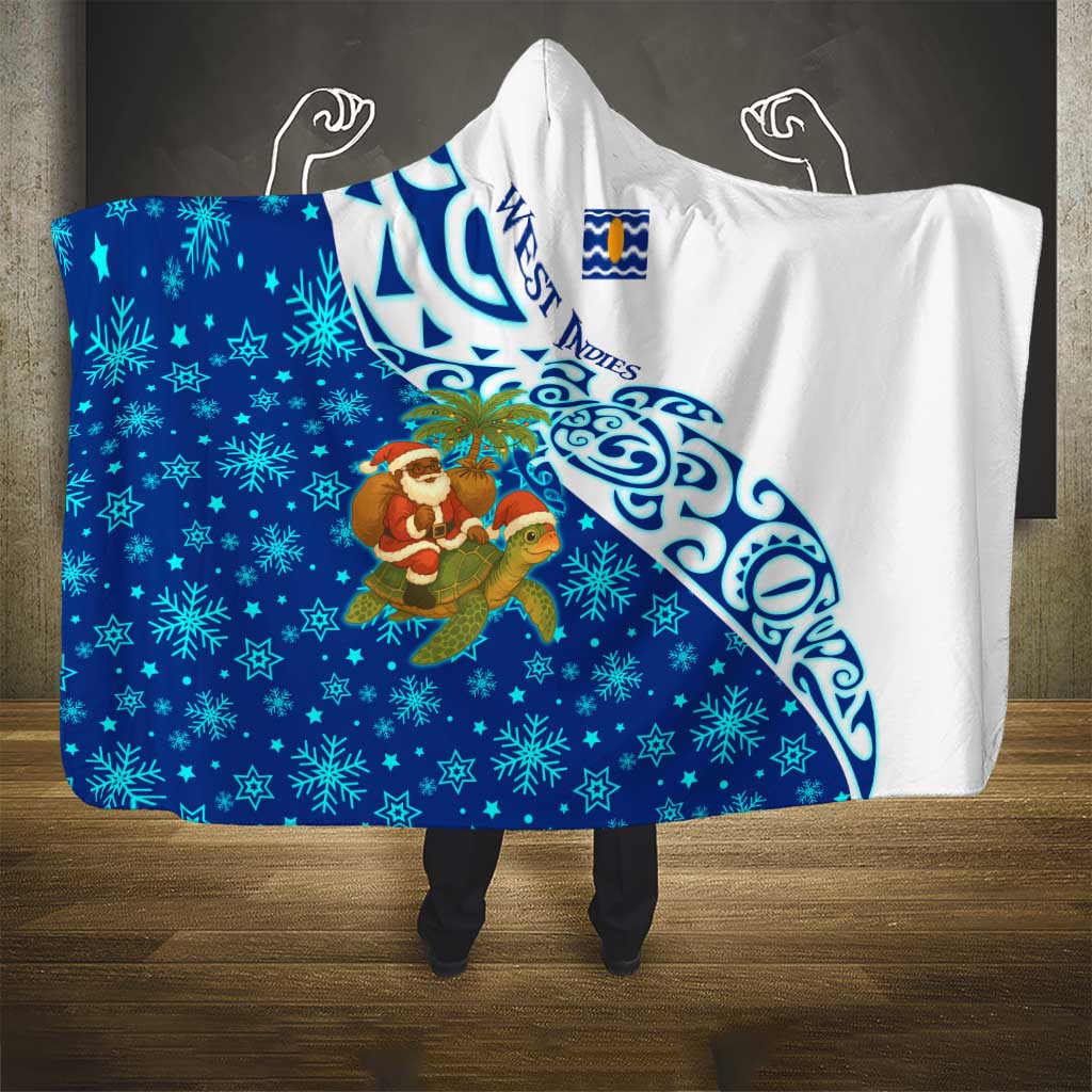 West Indies Christmas Hooded Blanket with Santa Riding Turtle Palm Tree and Tribal Snowflake Design - Wonder Print Shop