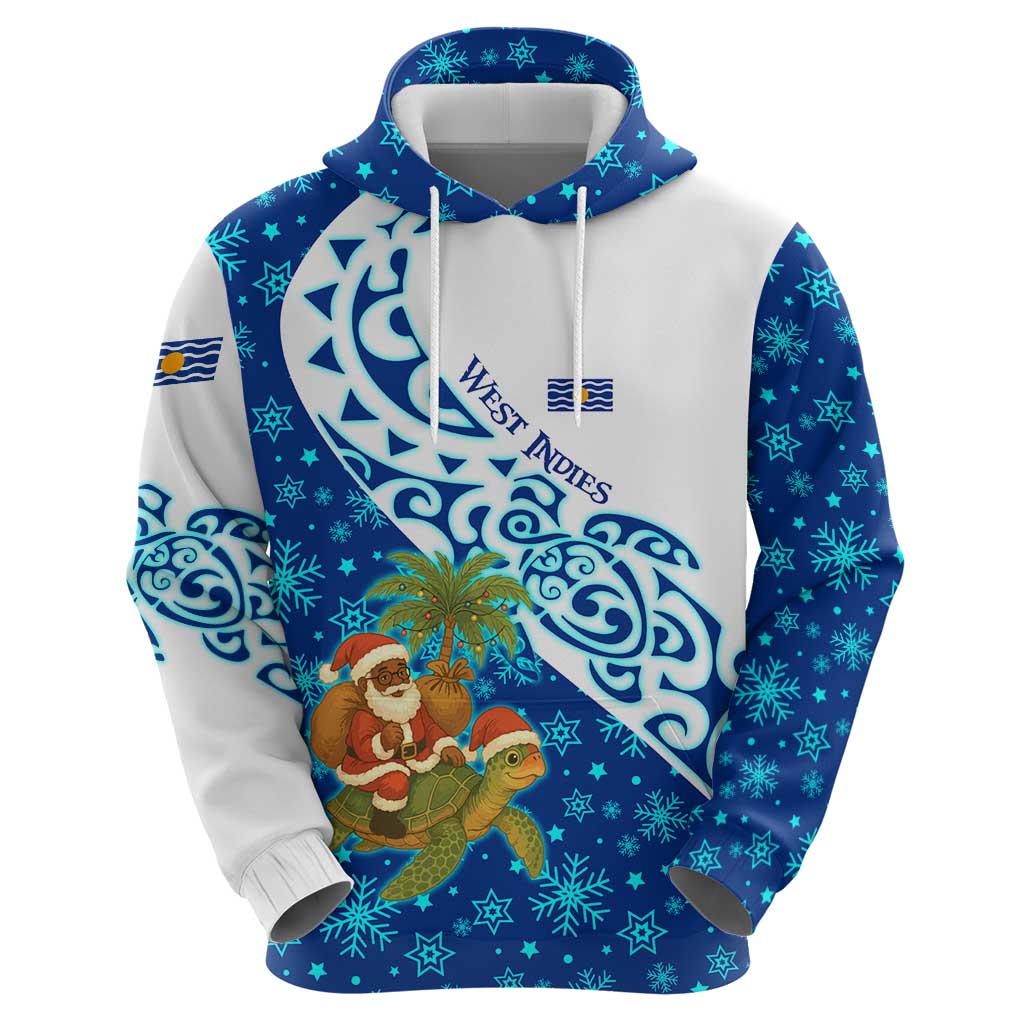 West Indies Christmas Hoodie with Santa Riding Turtle Palm Tree and Tribal Snowflake Design - Wonder Print Shop