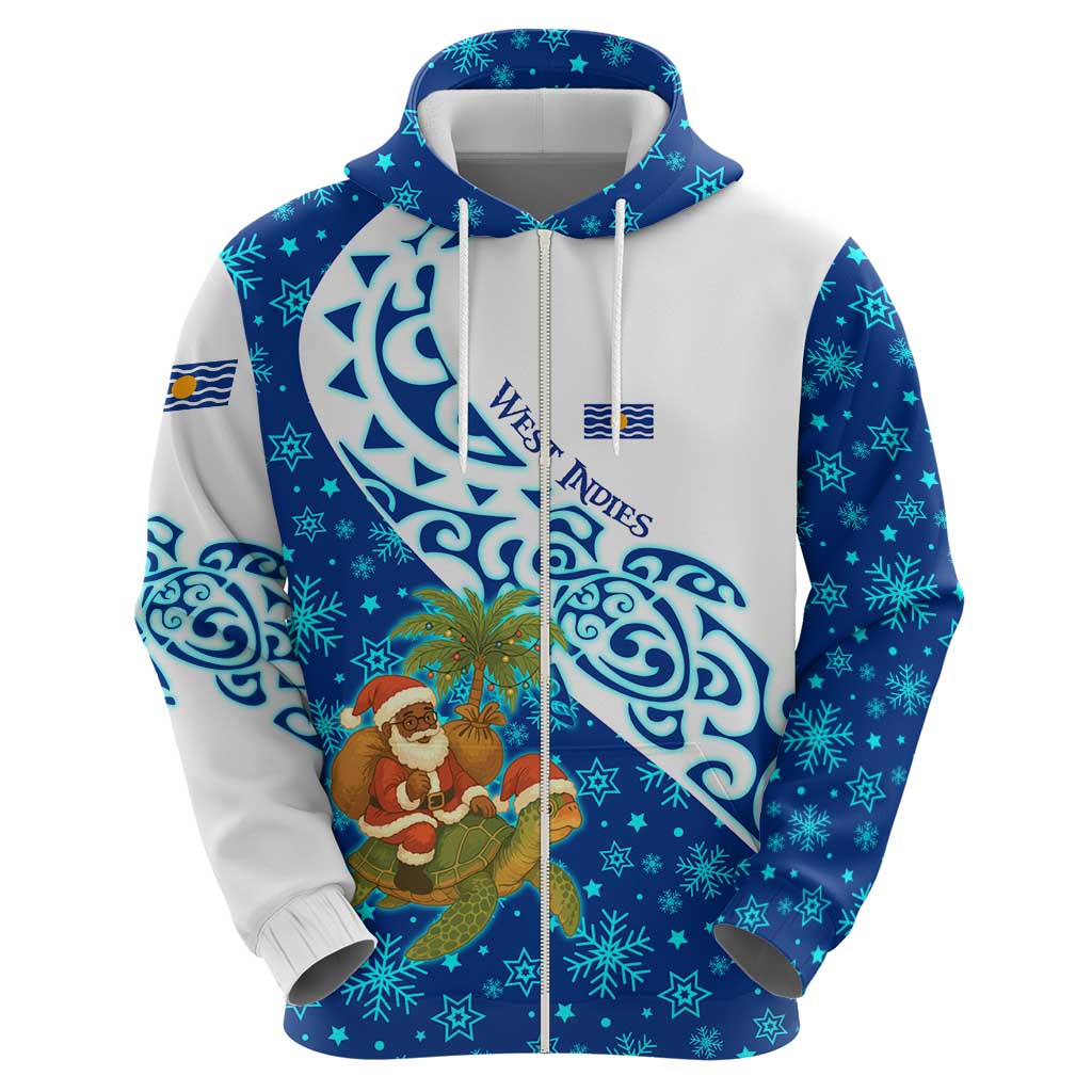 West Indies Christmas Hoodie with Santa Riding Turtle Palm Tree and Tribal Snowflake Design - Wonder Print Shop