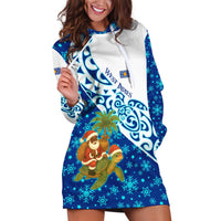 West Indies Christmas Hoodie Dress with Santa Riding Turtle Palm Tree and Tribal Snowflake Design - Wonder Print Shop