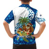 West Indies Christmas Kid Hawaiian Shirt with Santa Riding Turtle Palm Tree and Tribal Snowflake Design - Wonder Print Shop