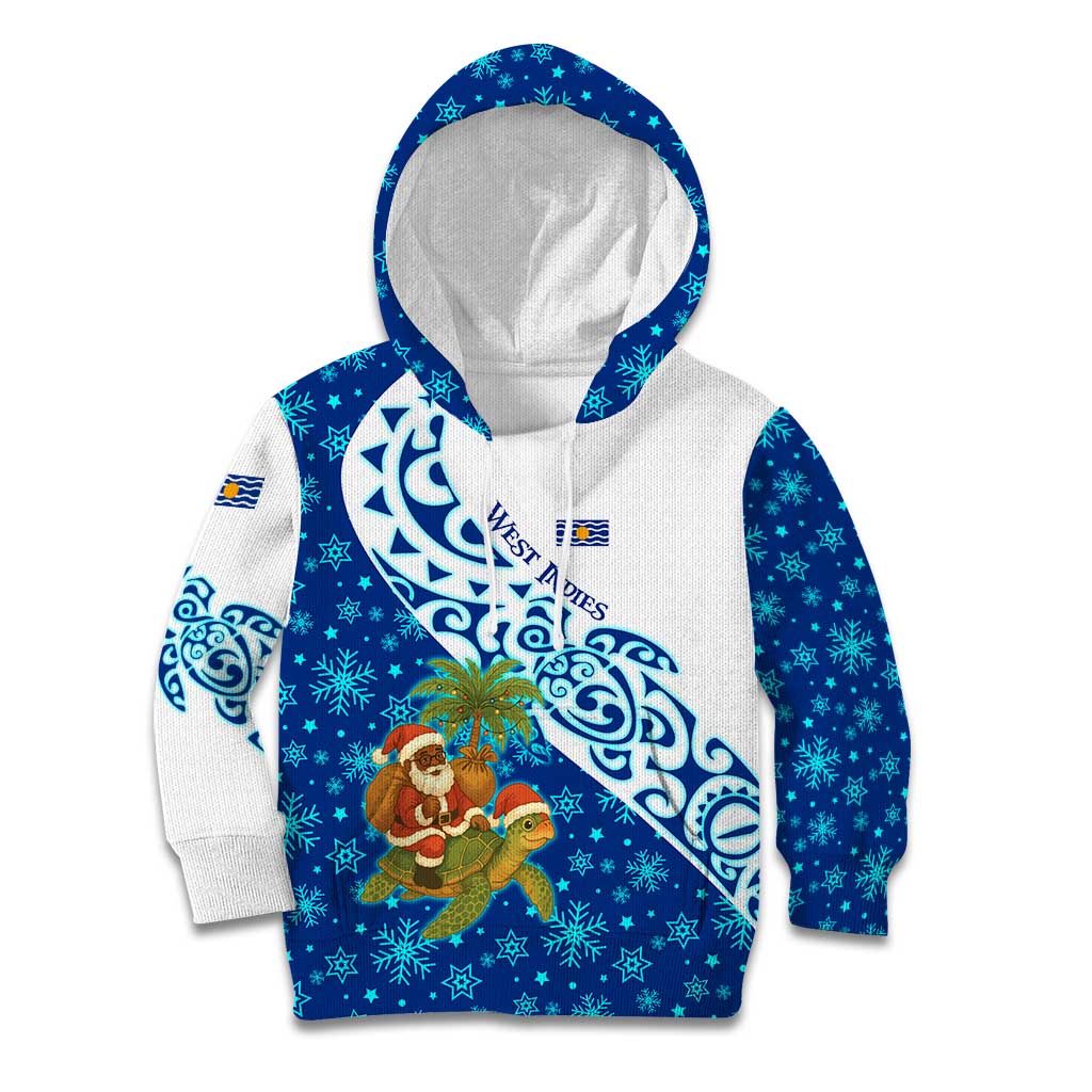West Indies Christmas Kid Hoodie with Santa Riding Turtle Palm Tree and Tribal Snowflake Design - Wonder Print Shop