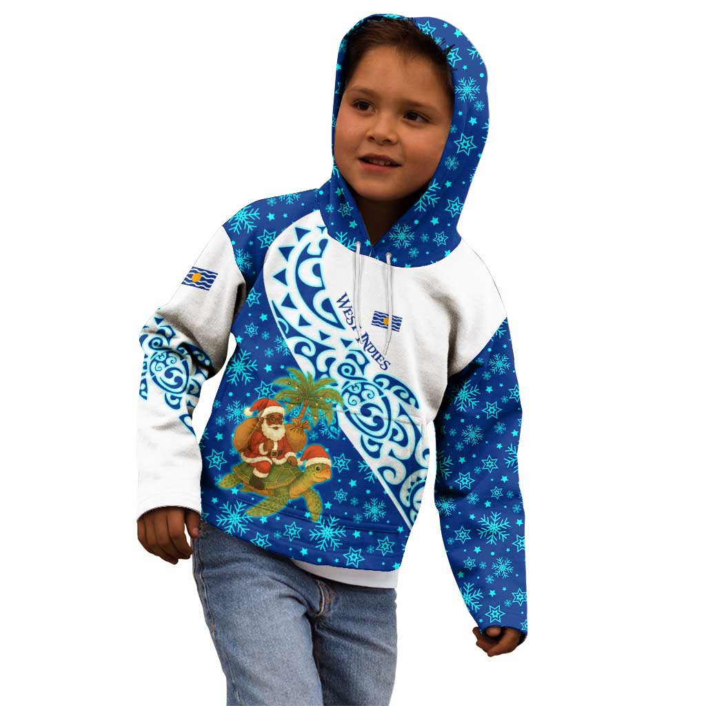 West Indies Christmas Kid Hoodie with Santa Riding Turtle Palm Tree and Tribal Snowflake Design - Wonder Print Shop