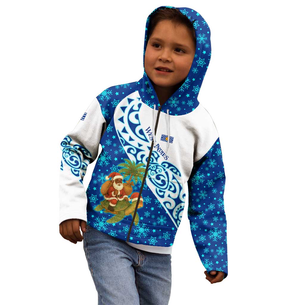West Indies Christmas Kid Hoodie with Santa Riding Turtle Palm Tree and Tribal Snowflake Design - Wonder Print Shop