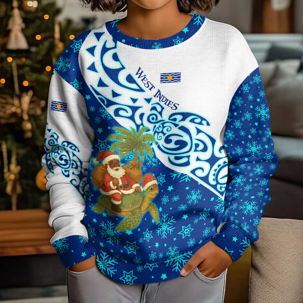 West Indies Christmas Kid Ugly Christmas Sweater with Santa Riding Turtle Palm Tree and Tribal Snowflake Design - Wonder Print Shop