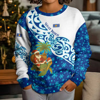 West Indies Christmas Kid Ugly Christmas Sweater with Santa Riding Turtle Palm Tree and Tribal Snowflake Design - Wonder Print Shop