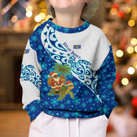 West Indies Christmas Kid Ugly Christmas Sweater with Santa Riding Turtle Palm Tree and Tribal Snowflake Design - Wonder Print Shop