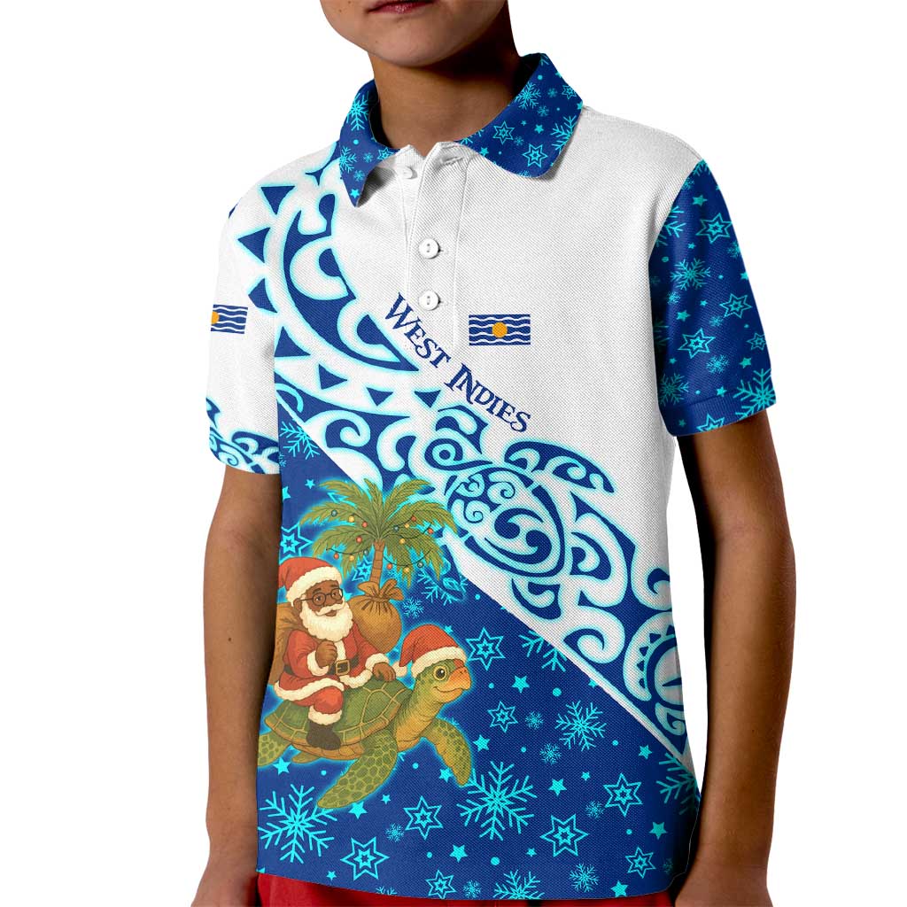 West Indies Christmas Kid Polo Shirt with Santa Riding Turtle Palm Tree and Tribal Snowflake Design - Wonder Print Shop