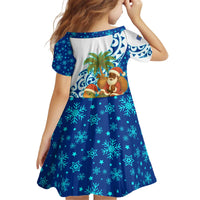 West Indies Christmas Kid Short Sleeve Dress with Santa Riding Turtle Palm Tree and Tribal Snowflake Design - Wonder Print Shop