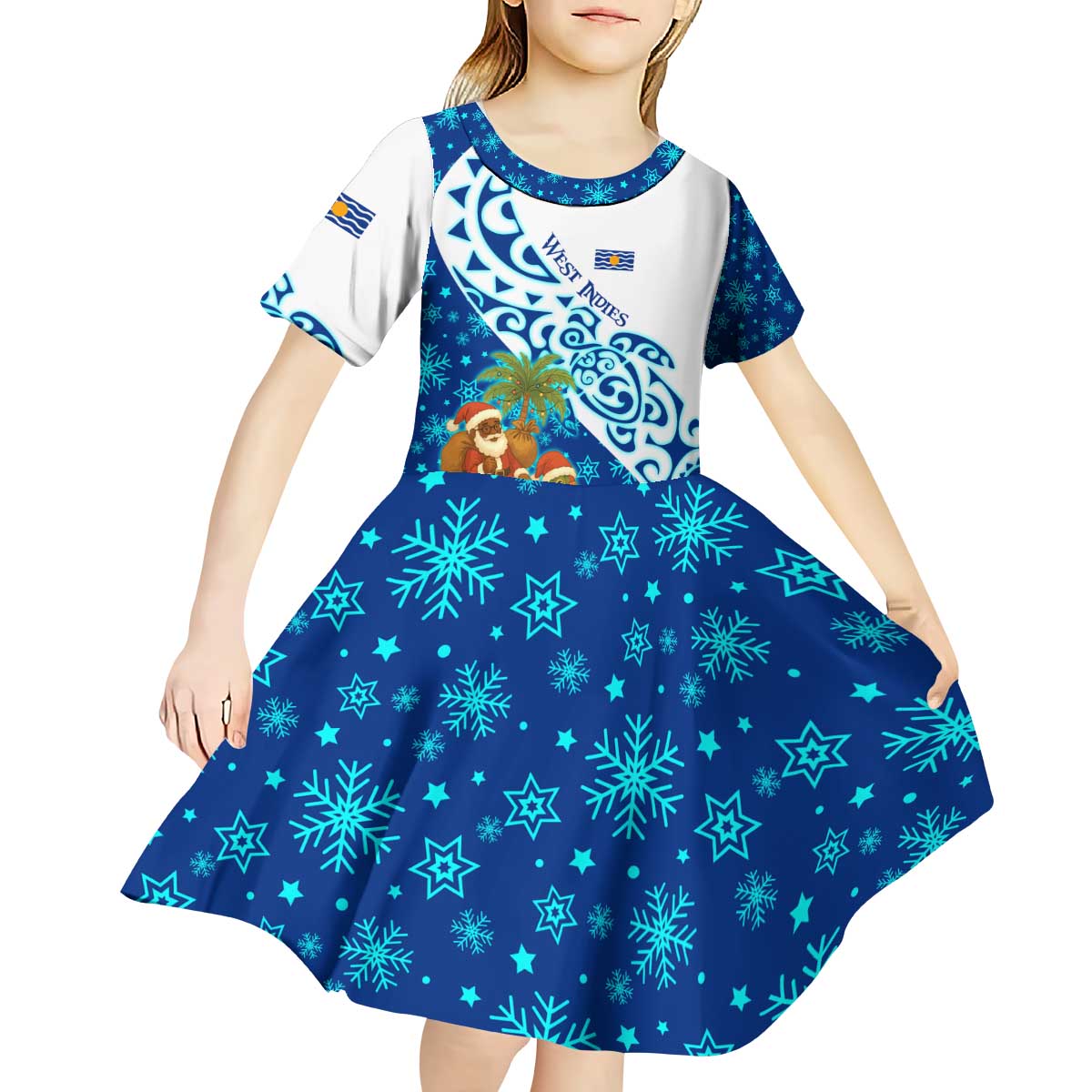 West Indies Christmas Kid Short Sleeve Dress with Santa Riding Turtle Palm Tree and Tribal Snowflake Design - Wonder Print Shop