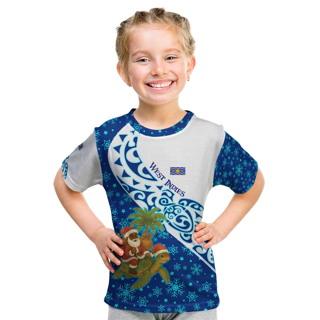 West Indies Christmas Kid T Shirt with Santa Riding Turtle Palm Tree and Tribal Snowflake Design - Wonder Print Shop