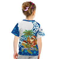 West Indies Christmas Kid T Shirt with Santa Riding Turtle Palm Tree and Tribal Snowflake Design - Wonder Print Shop