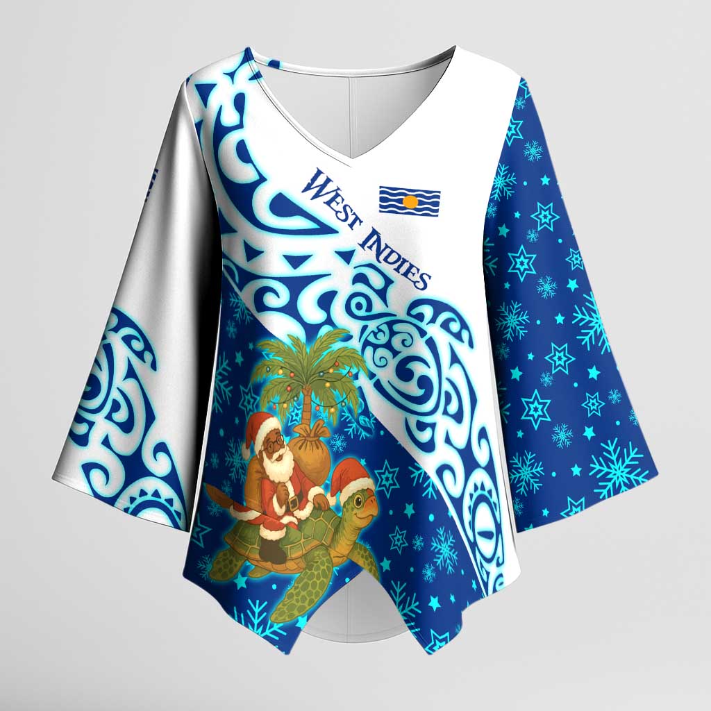 West Indies Christmas Kimono Sleeve Blouse with Santa Riding Turtle Palm Tree and Tribal Snowflake Design - Wonder Print Shop